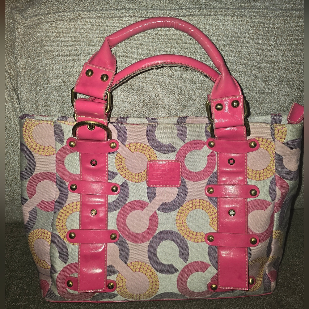 Vintage COACH Pink Patterned Tote Bag with Pink Trim